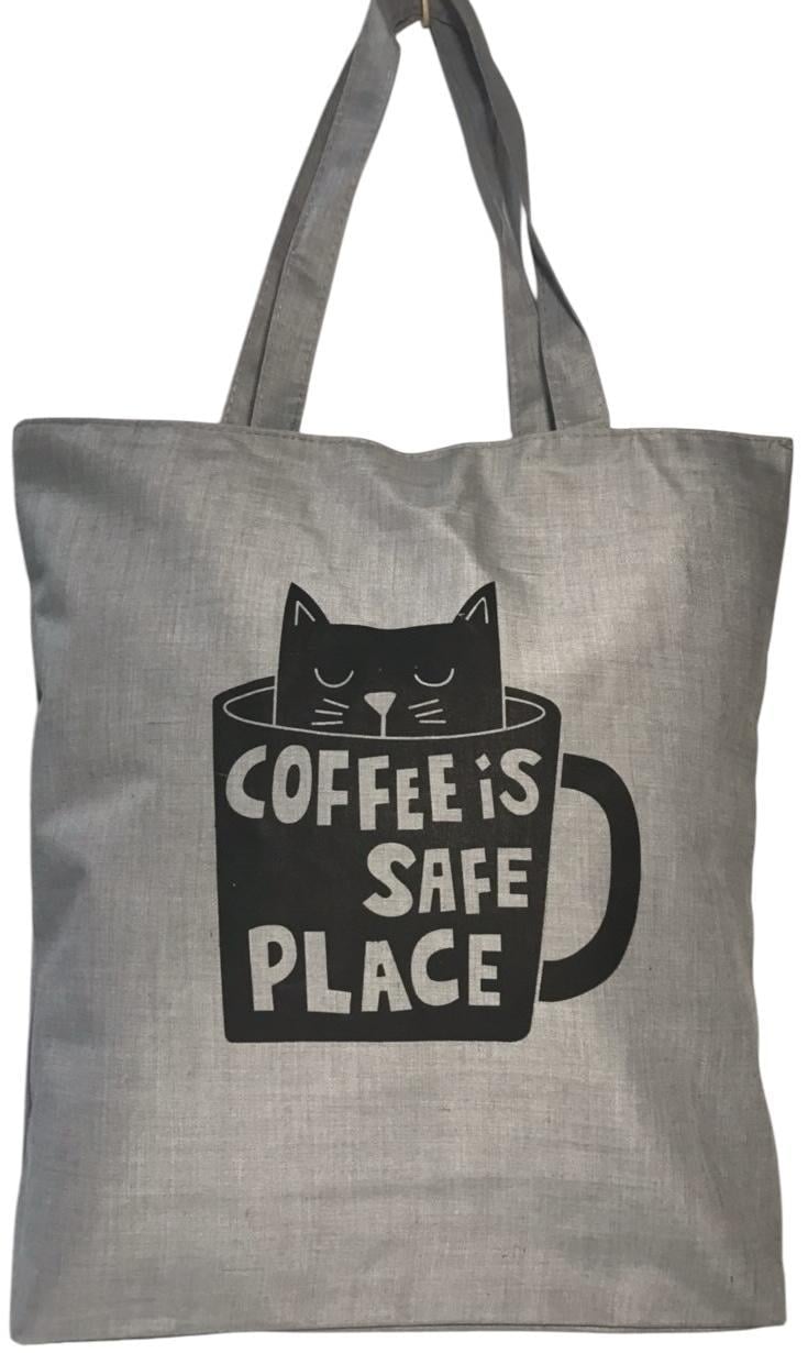 Шопер женский тканевый повседневный на молнии кот в кварте Серый (026E)