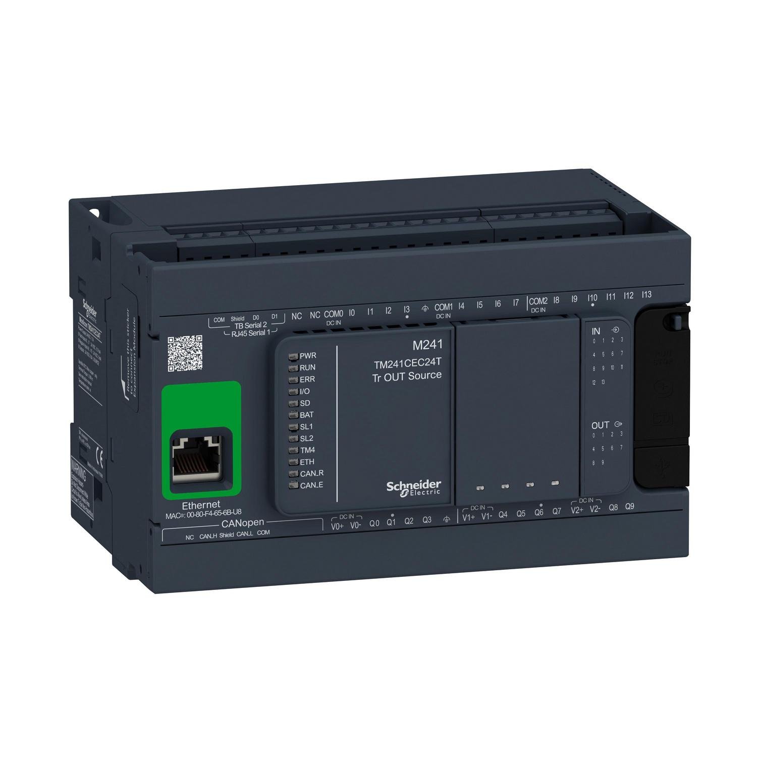 Контроллер логический Schneider Electric Modicon M241 24 входа/выхода 24V DC транзистором 2xRS485 EtherNet/CAN (TM241CEC24T) Контроллер логический Schneider Electric Modicon M241 24 входа/выхода 24V DC транзистором 2xRS485 EtherNet/CAN (TM241CEC24T)