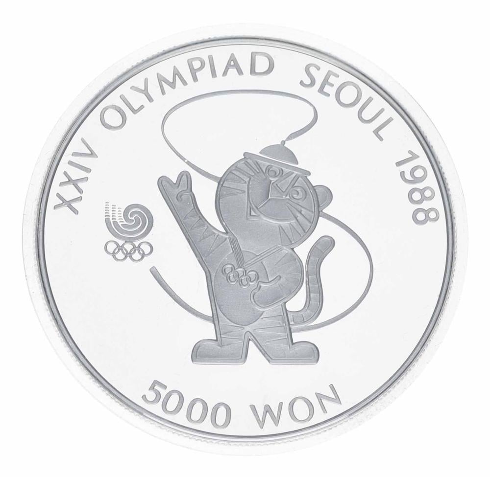 Коллекционная монета Южная Корея 5000 вон 1986 р. Серебро Proof XXIV летние Олимпийские игры в р. Сеул 1988-Талисман (М23341)