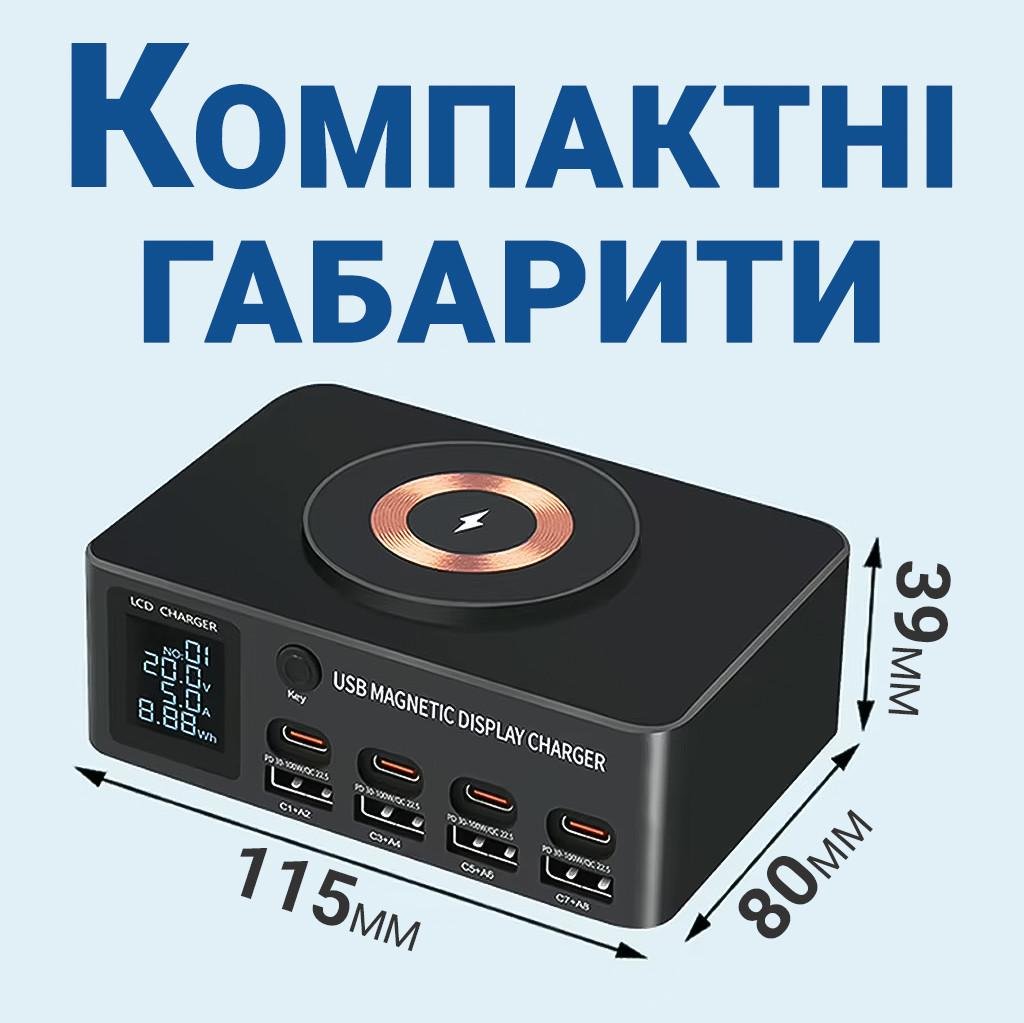 Устройство зарядное многопортовое Addap MCS-818D с беспроводной зарядкой 4 разъема Type-C PD/4 разъема USB QC3.0 140W - фото 5