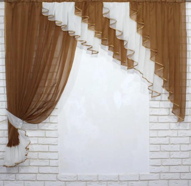 Шторки кухонные с ламбрекеном 200х170 см Коричневый/Белый (070к)