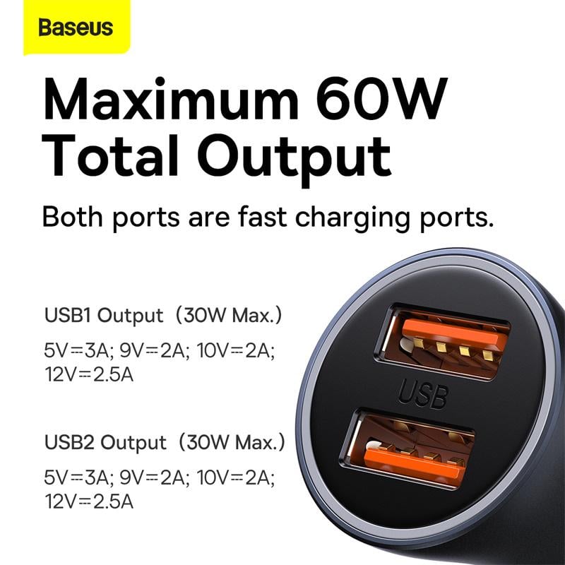 Зарядное устройство автомобильное BASEUS Golden Contactor Max Dual Fast Charger Car Charger U+U 60W Dark Gray (CGJM000013) - фото 10