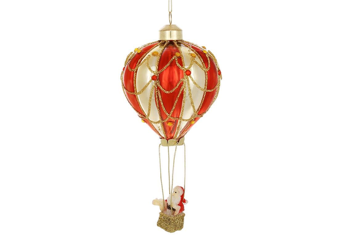 Іграшка на ялинку скляна BonaDi Санта на повітряній кулі 14,5 см Золотий з червоним (115-248)