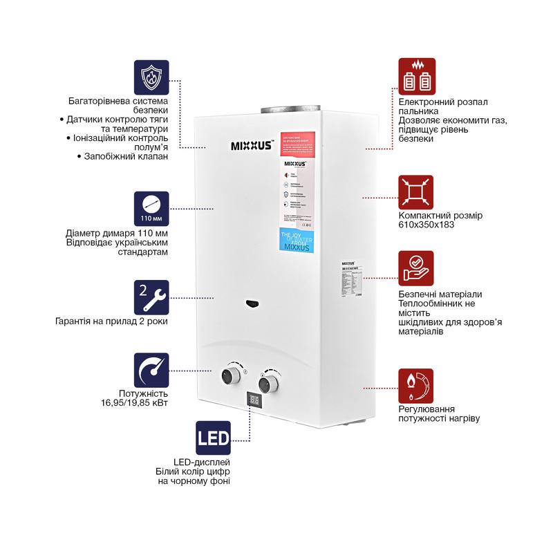 Газова колонка Mixxus GWH-0112 BASIC димохідна 12 л/хв Білий (WH0029) - фото 7 Газова колонка Mixxus GWH-0112 BASIC димохідна 12 л/хв Білий (WH0029) - фото 7