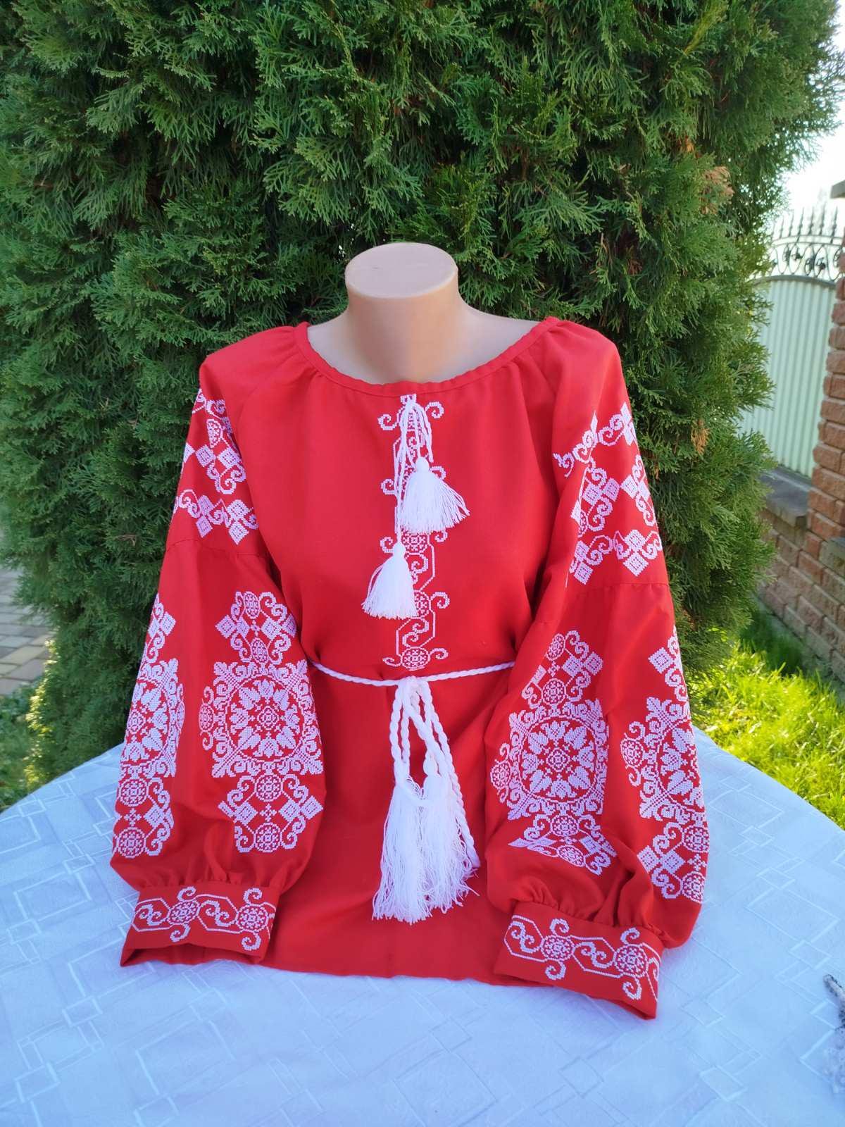 Вышиванка женская с узором на натуральном домотканом полотне рукав Бохо р. 56 Красный/Белый (2502290564) - фото 4