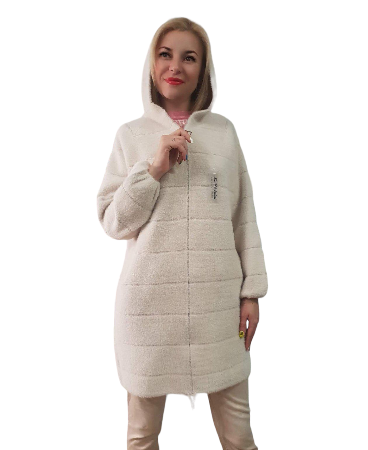 Пальто с капюшоном на молнии из шерсти альпака р. 50-52 Белый (8826)