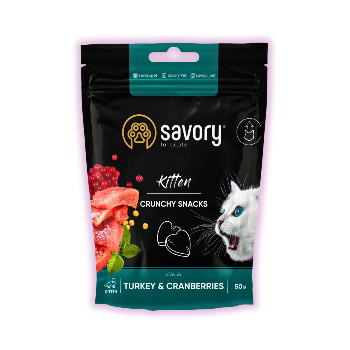Ласощі для кошенят хрусткі Savory з індичкою та журавлиною для здорового росту 50 г (29370125)