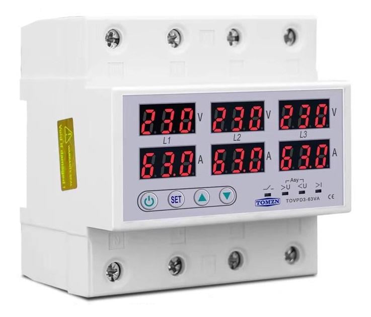 Реле защиты от перепадов напряжения и тока TOMZN TOVPD3-63VA 220V 63A трехфазное (2515171261)