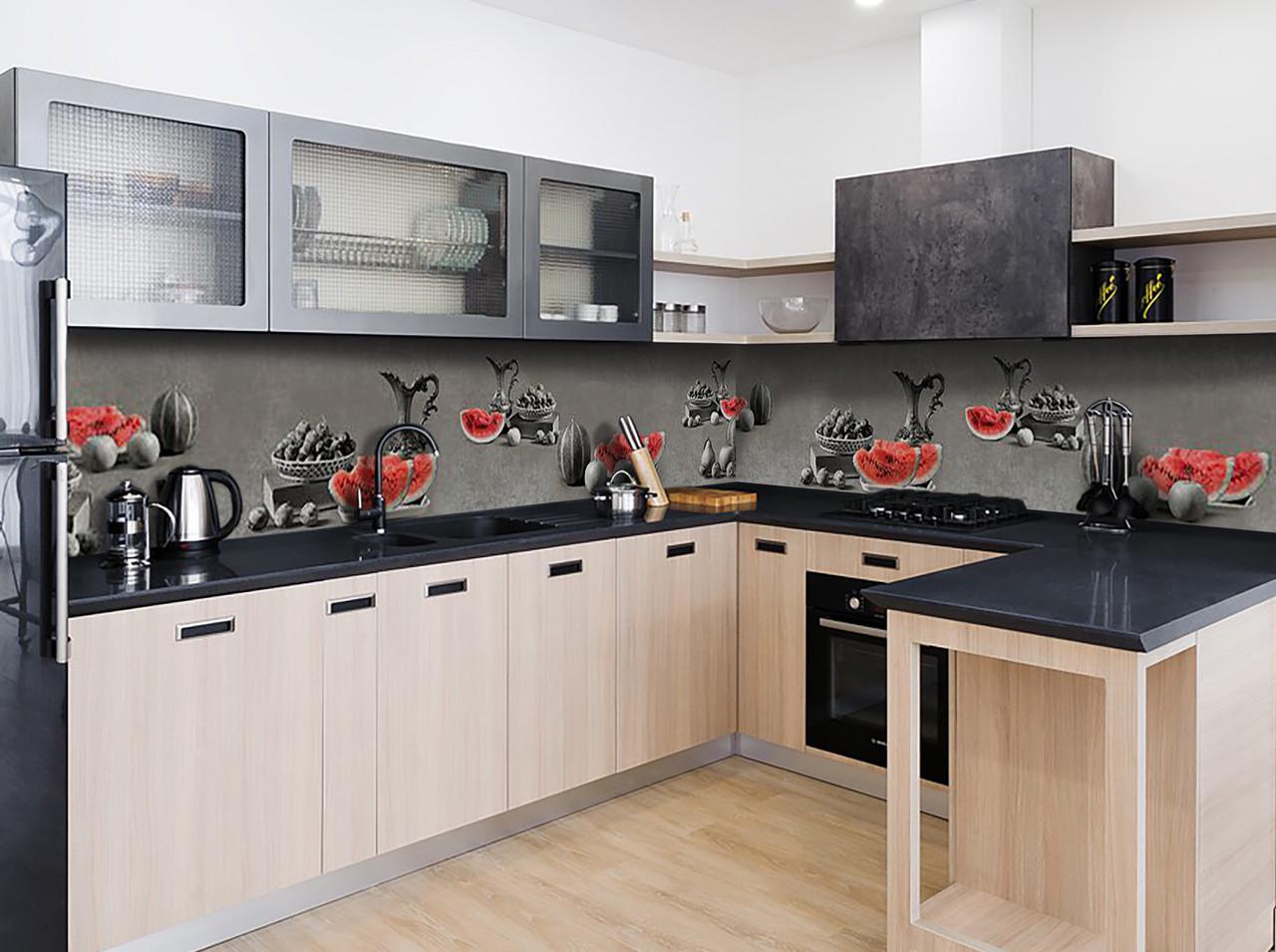 Кухонный фартук Арбуз/Фрукты из самоклеющейся виниловой пленки 65х250 см Серый