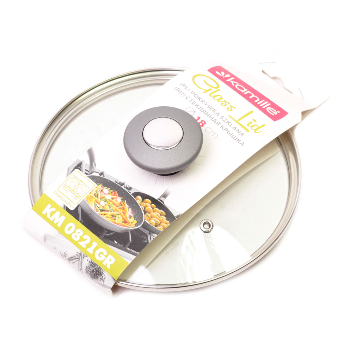 Кришка скляна Kamille KM-0821GR з металевим обідком 18 см