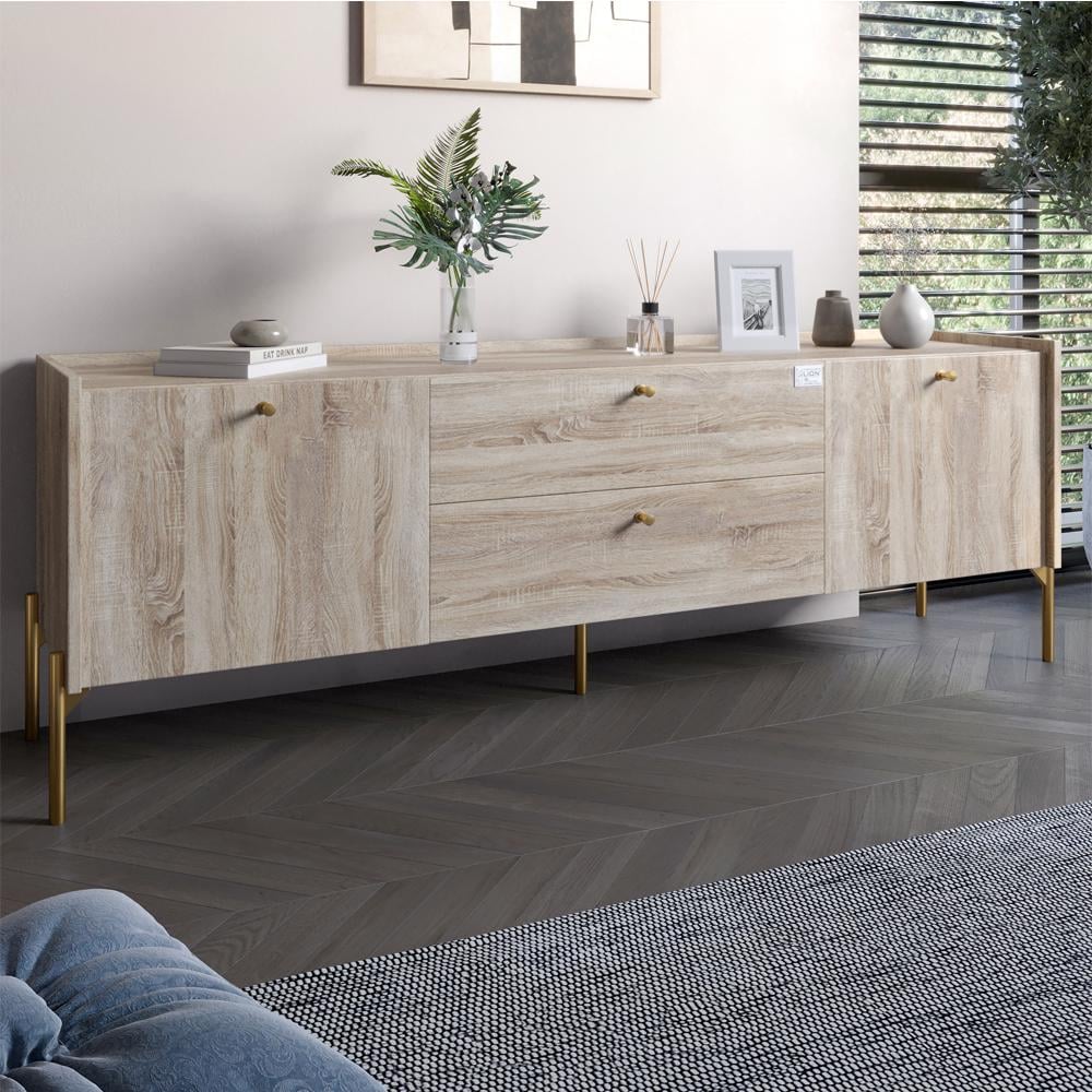 Тумба под телевизор с ящиками Lion Wood с золотыми ножками 180х50х40 см Дуб Сонома (000-000-2415)