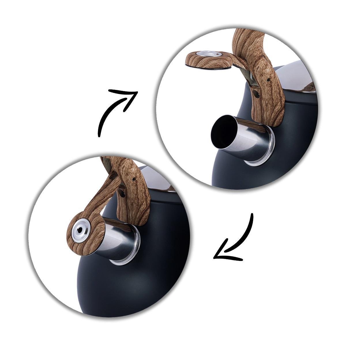 Чайник зі свистком Kamille KM-1092 із нержавіючої сталі та нейлоновою ручкою з покриттям soft-touch під дерево 2,7 л Чорний (150-84-1092) - фото 3 Чайник зі свистком Kamille KM-1092 із нержавіючої сталі та нейлоновою ручкою з покриттям soft-touch під дерево 2,7 л Чорний (150-84-1092) - фото 3