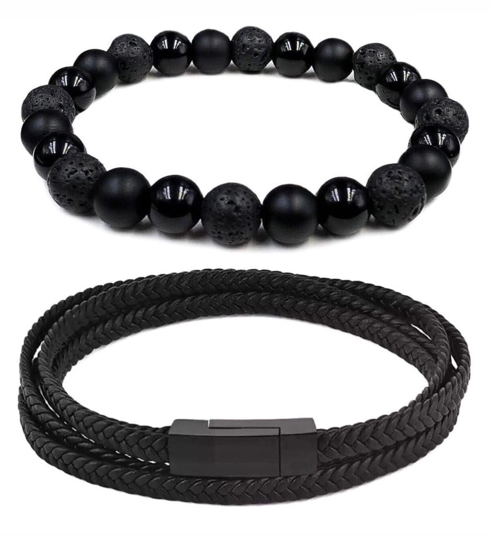 Комплект браслетів зі шкіри та міксу шунгіту/агату/лави р. 16,5 (12074)