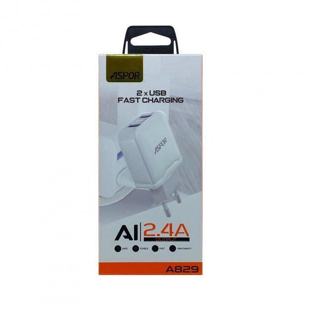 Зарядное устройство сетевое Aspor A829 2USB 2,4A с USB-кабелем Type-C Белый (1858272822)