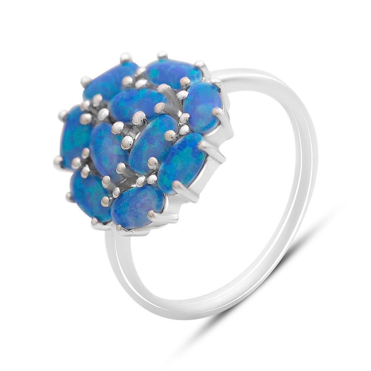 Кольцо серебряное с овальными вставками синего опала в форме цветка р. 17 Кольцо серебряное с овальными вставками синего опала в форме цветка р. 17