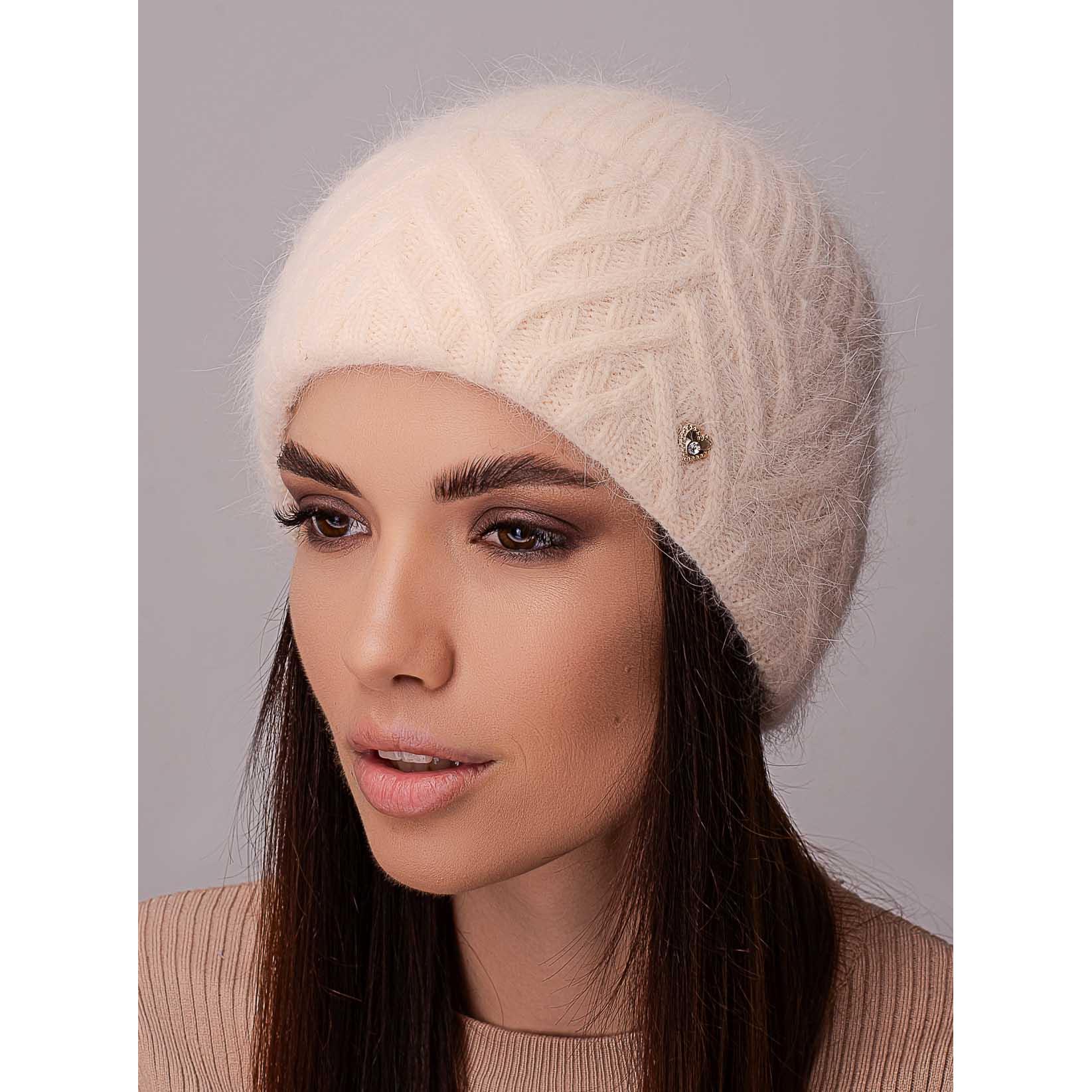 Шапка женская ангоровая утепленная флисом Leks Мадонна с узором на отвороте Жемчужный - фото 1