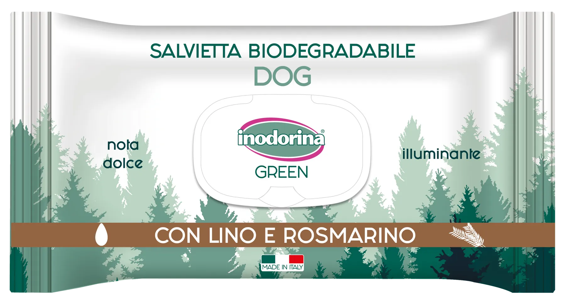 Влажные салфетки биоразлагаемые с розмарином и льном Inodorina Green Lino e Rosmarino для всех типов шерсти собак 30 шт.