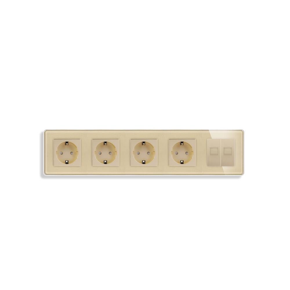 Розетка пятиместная ELIOS 2хRJ-45 настенная дизайнерская стеклянная рамка Золотой (TW-M5FCAT6CAT6-GD)