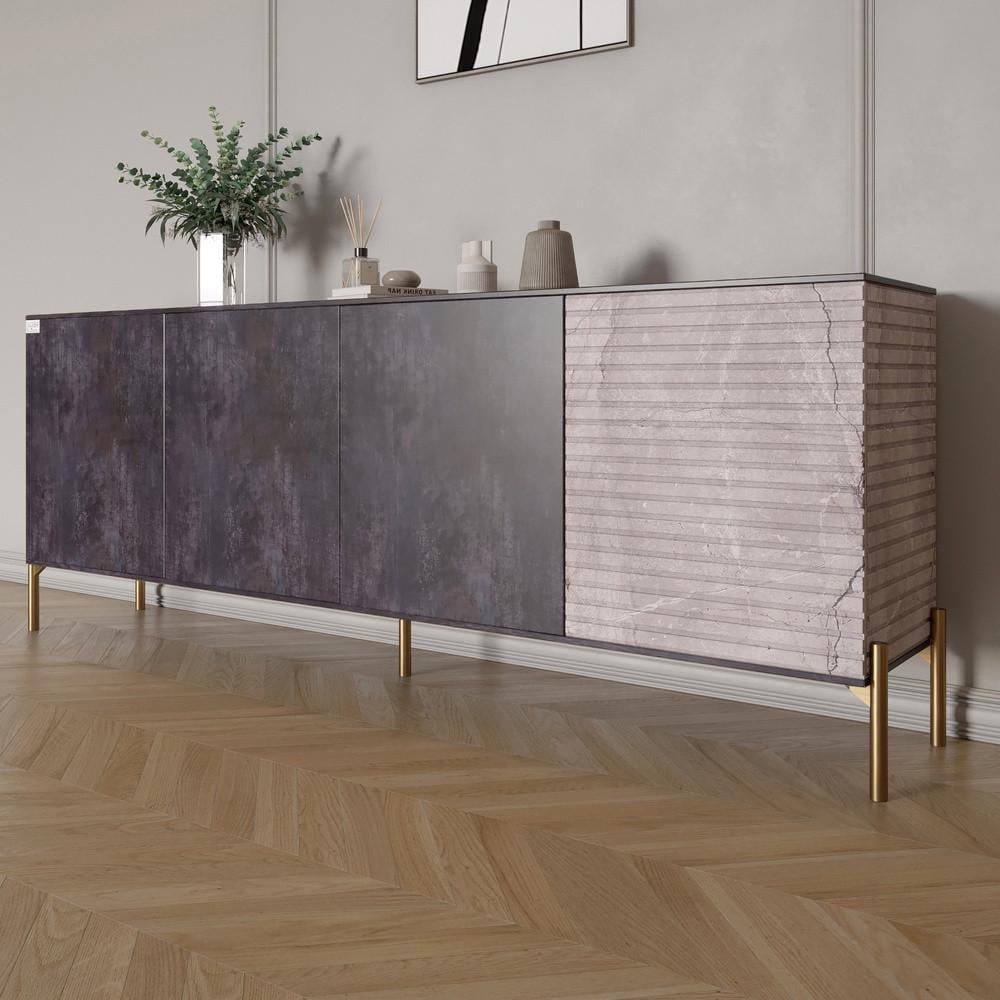 Комод на золотих металевих ніжках Lion Грей 204x38x76,5 см Бетон темний/Камінь (Lion-042710)