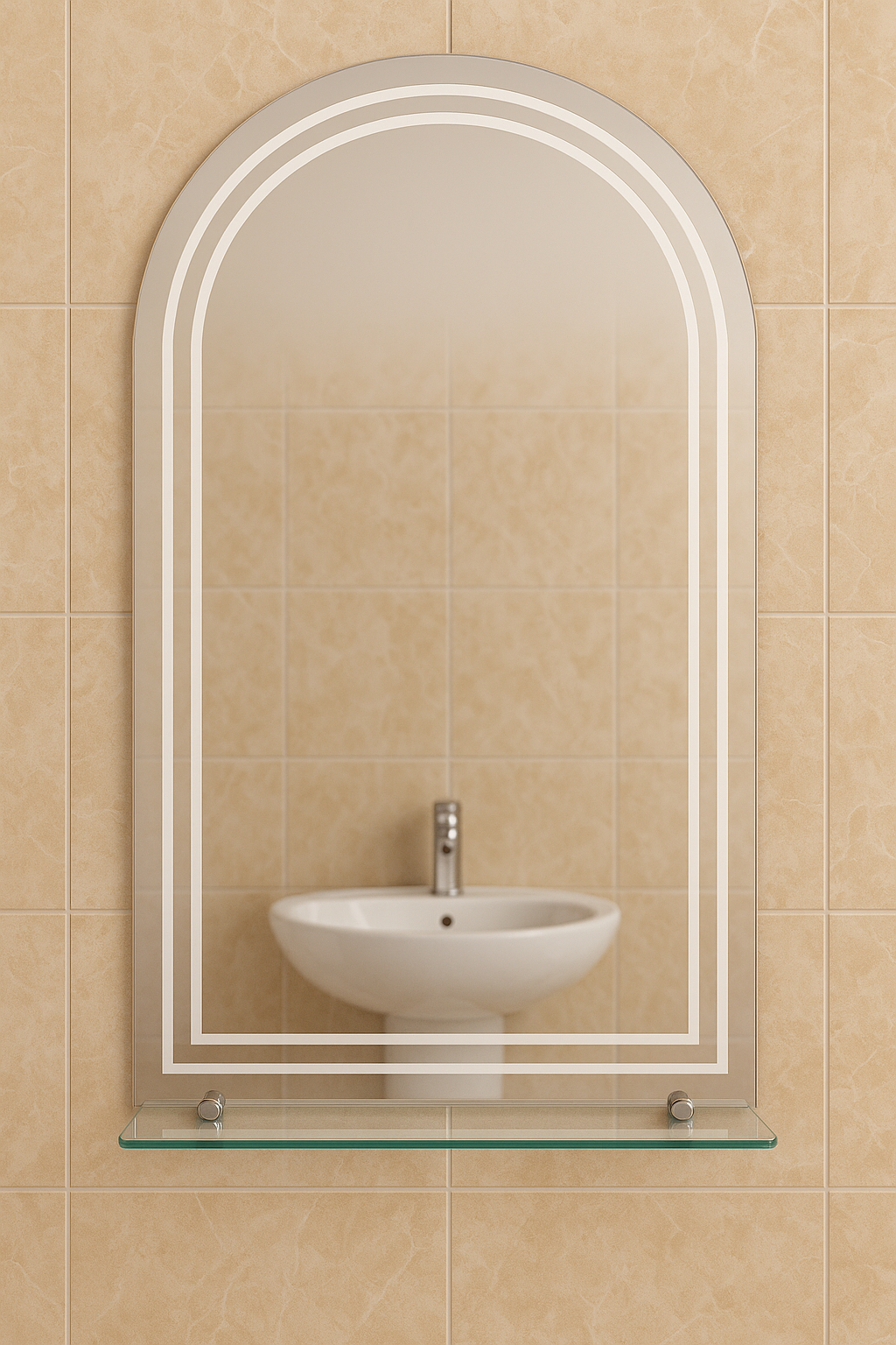 Зеркало арка MPS-72 80х60 см с пескоструйным рисунком и полкой