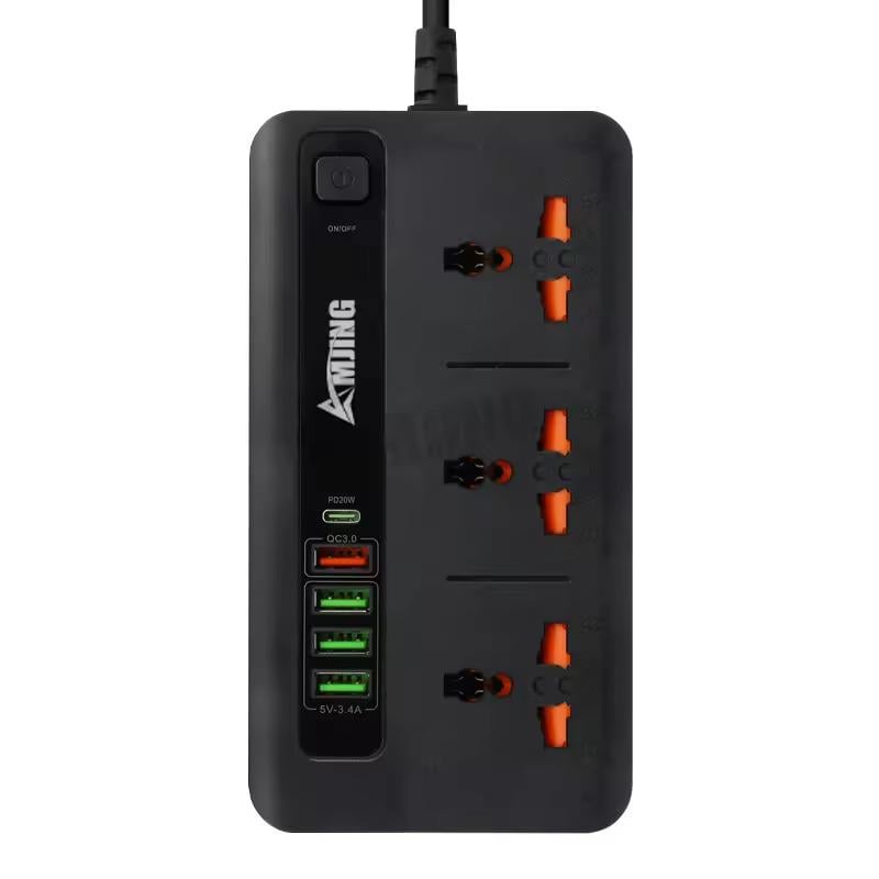 Фільтр мережевий BKL-04 зі швидкою зарядкою 3 розетки 1 PD20W/1 QC3.0/3 USB 250V 10А Чорний