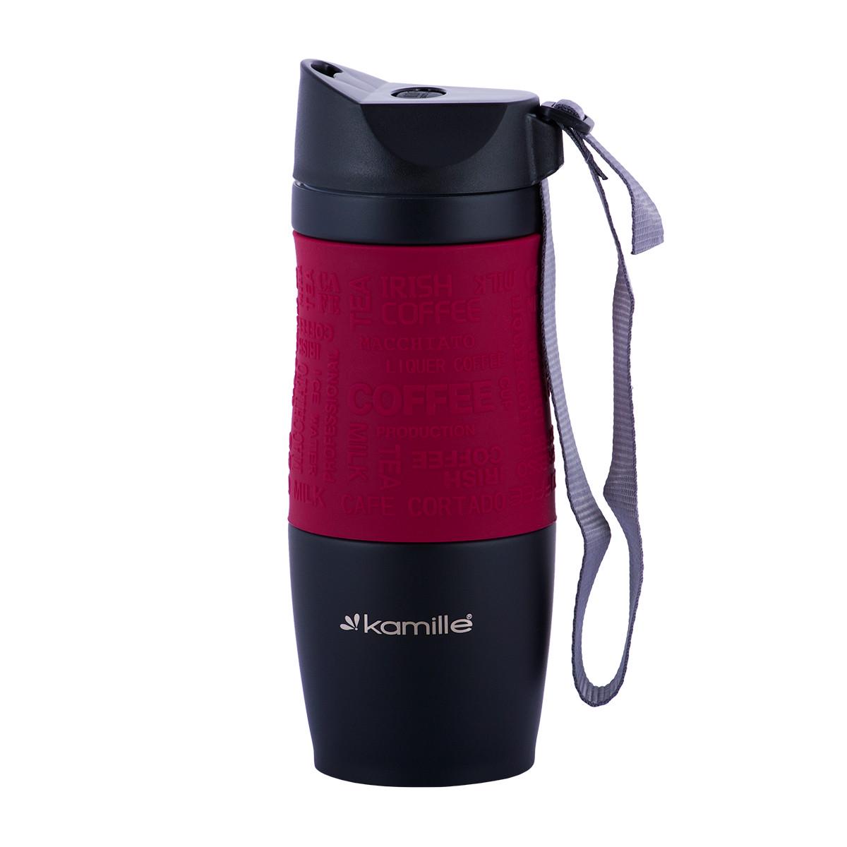 Термокружка с ремешком Kamille KM-2052А из нержавеющей стали с TPR-накладкой 380 мл Черный/Красный (150-84-2052А.3)