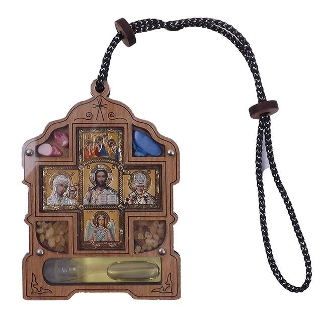 Икона оберег на нитке на зеркало заднего вида дерево и 5 образов 5,3x7,0 см (651551)