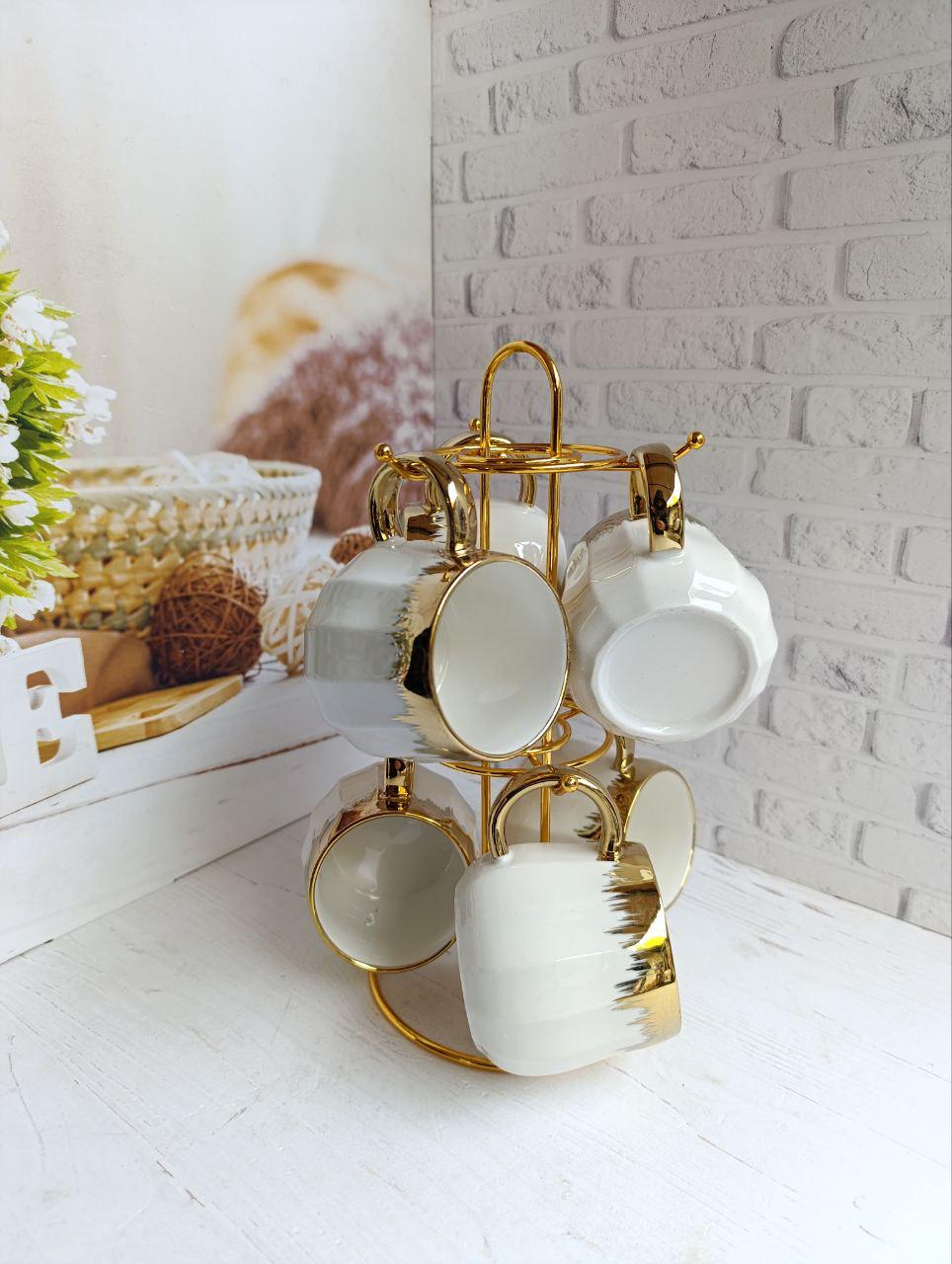 Набор чашек Topaz GK-4174 фарфоровые на металлической стойке 6 шт. по 230 мл Белый с золотистым (GK-4174)