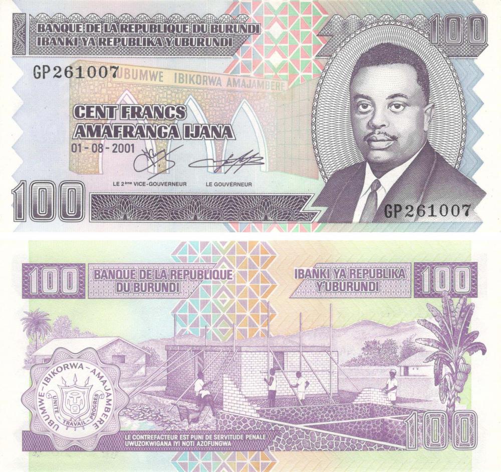 Коллекционная банкнота Бурунди 100 франков 2001 UNC P37c (Б09272)