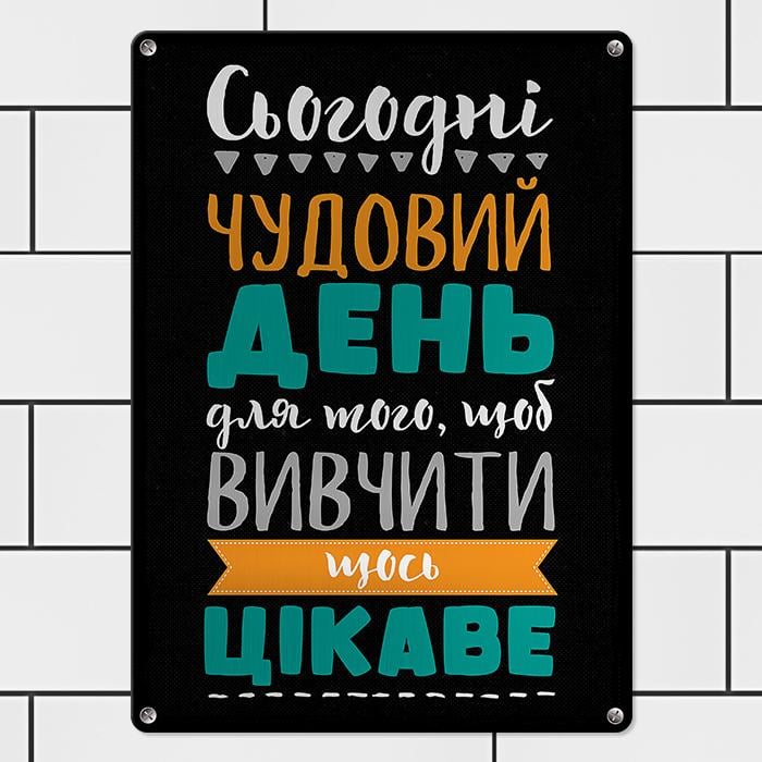 Табличка металлическая "Сьогодні чудовий день для того щоб вивчити щось цікаве" 26х18,5 см (MET_20J065_SER)