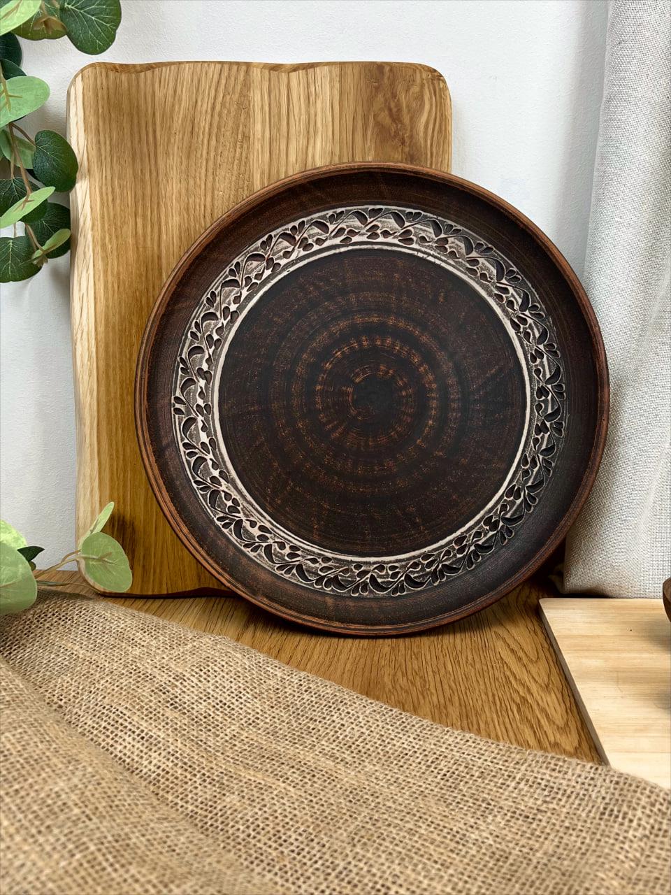 Блюдо для пиццы керамическое глиняное резное ангоб 30 см (3001-27)