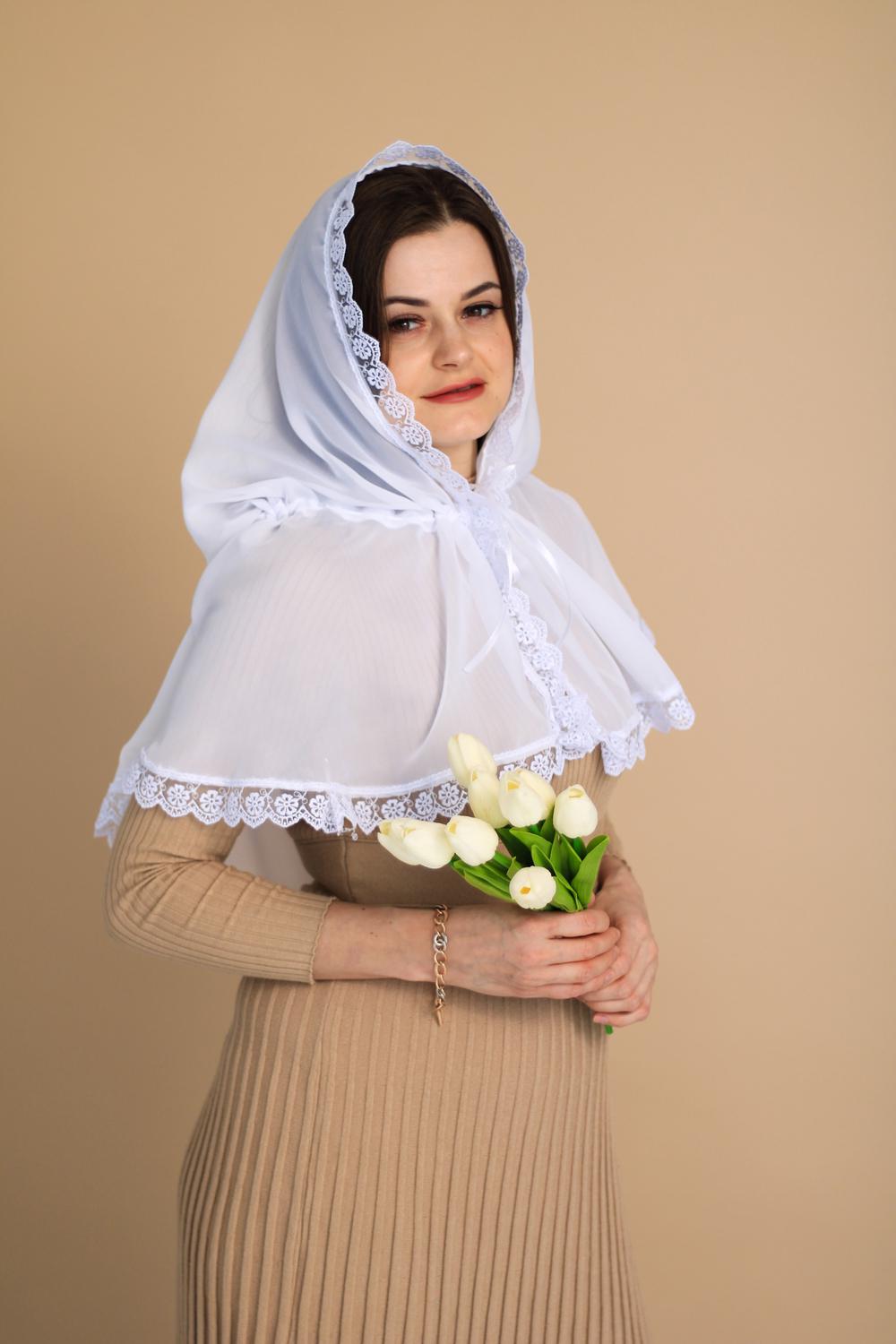 Палантин для храма на голову 80x120 см Белый (п001) - фото 4 Палантин для храма на голову 80x120 см Белый (п001) - фото 4