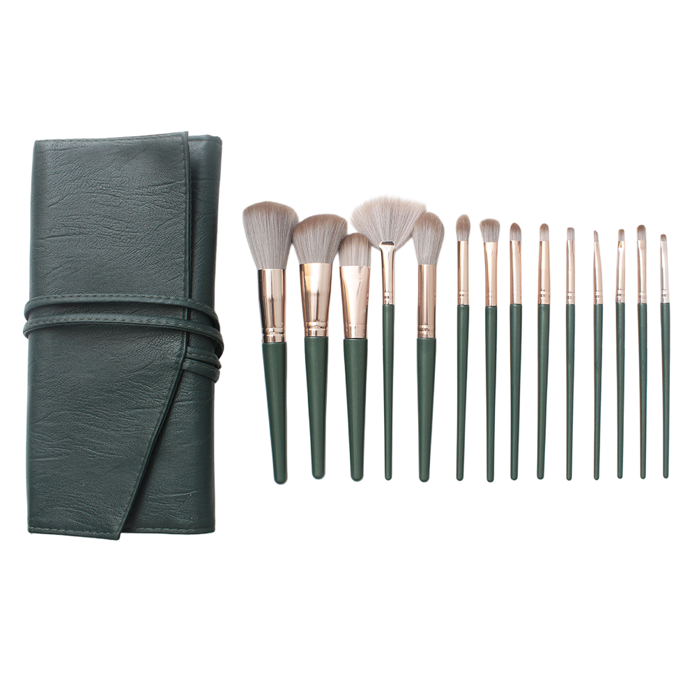 Набір кистей для макіяжу з косметичкою синтетичний ворс таклон 14 шт. Зелений (29699)