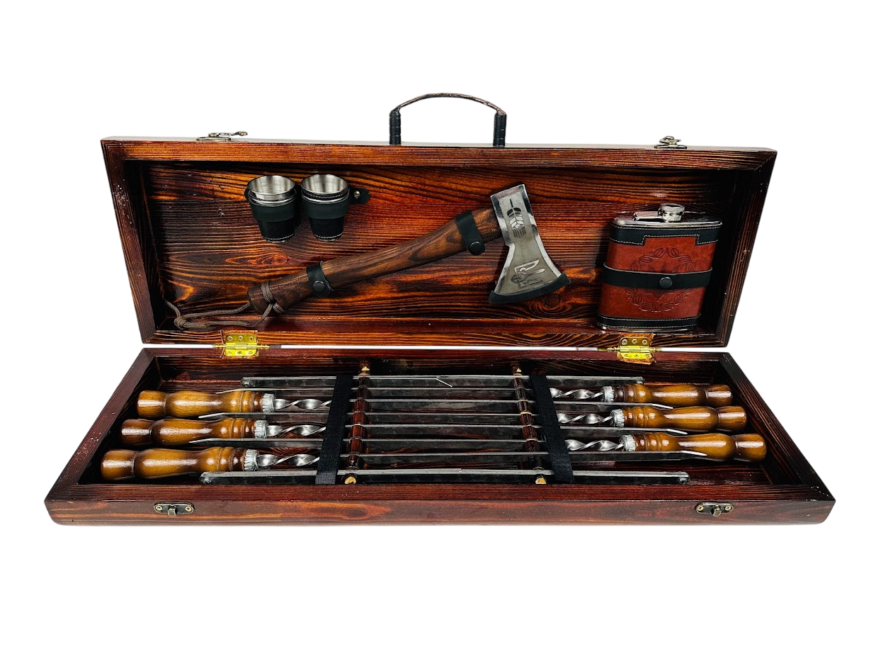 Набор шампуров ручной работы Козак с аксессуарами 13 предметов в кейсе 75х24х10 см Коричневый (124-10-KS-7910)