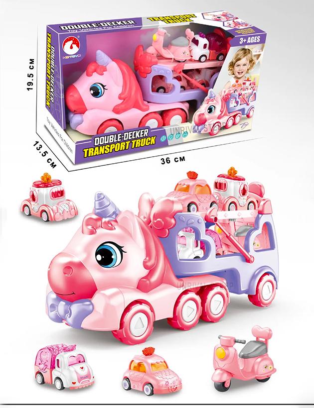 Набор игровых машинок Единорог для девочек автовоз инерционный и 4 машинки с подсветкой Розовый - фото 4 Набор игровых машинок Единорог для девочек автовоз инерционный и 4 машинки с подсветкой Розовый - фото 4
