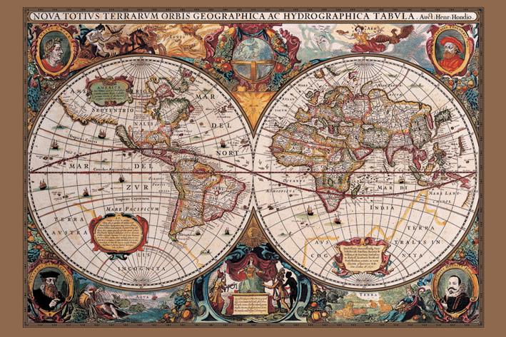 Постер плакат Карта Мира 17-го Века Золотые Чернила/17th Century World Map Gold Ink 61x91,5 см
