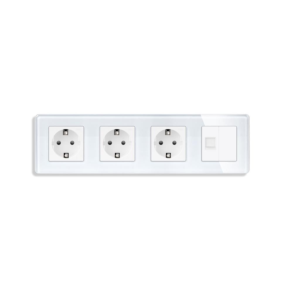 Розетка четырехместная ELIOS силовая/интернет RJ-45 настенная стеклянная рамка Белый (TW-M4FCAT6BLK-WT)