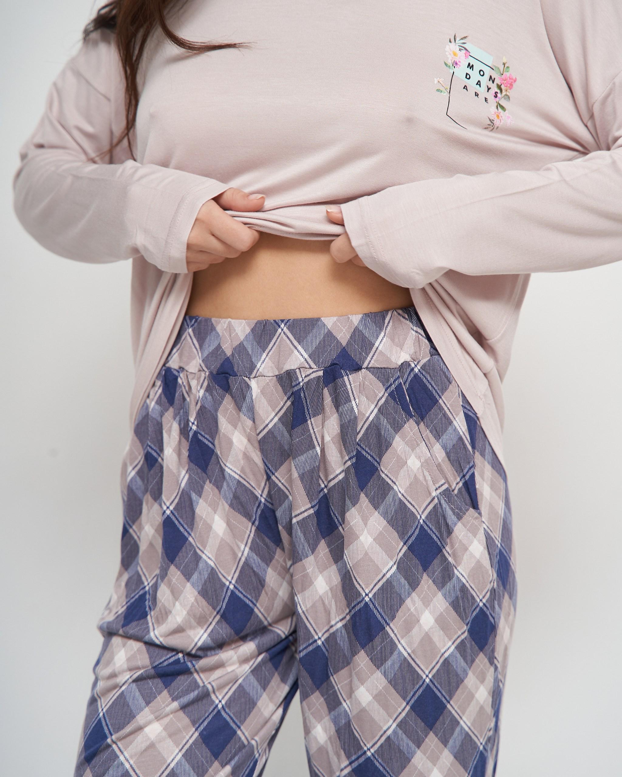 Пижама вискозная женская с брюками Клеточка L Пудровый (99069) - фото 3 Пижама вискозная женская с брюками Клеточка L Пудровый (99069) - фото 3