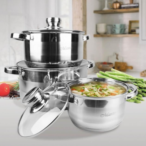 Набор посуды Maestro из нержавеющей стали со стеклянными крышками 1,5 /3/5 л 6 пр. (a5cda400) - фото 5 Набор посуды Maestro из нержавеющей стали со стеклянными крышками 1,5 /3/5 л 6 пр. (a5cda400) - фото 5