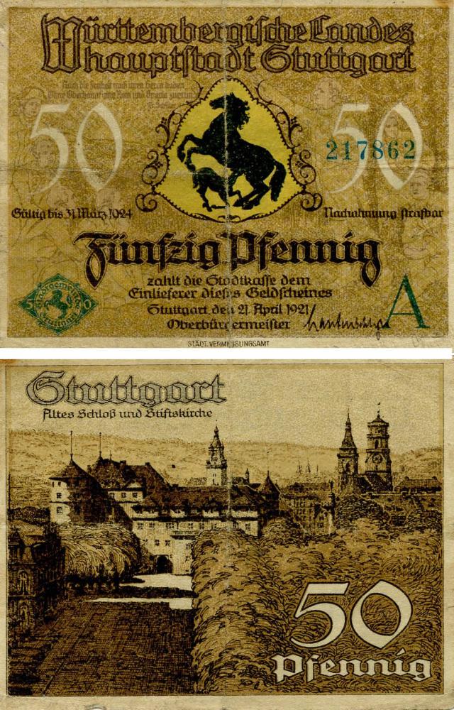 Коллекционная банкнота Германия Нотгельд 50 пфеннигов 1921 F-VF Штутгарт Разновидность 1 (Б18656)