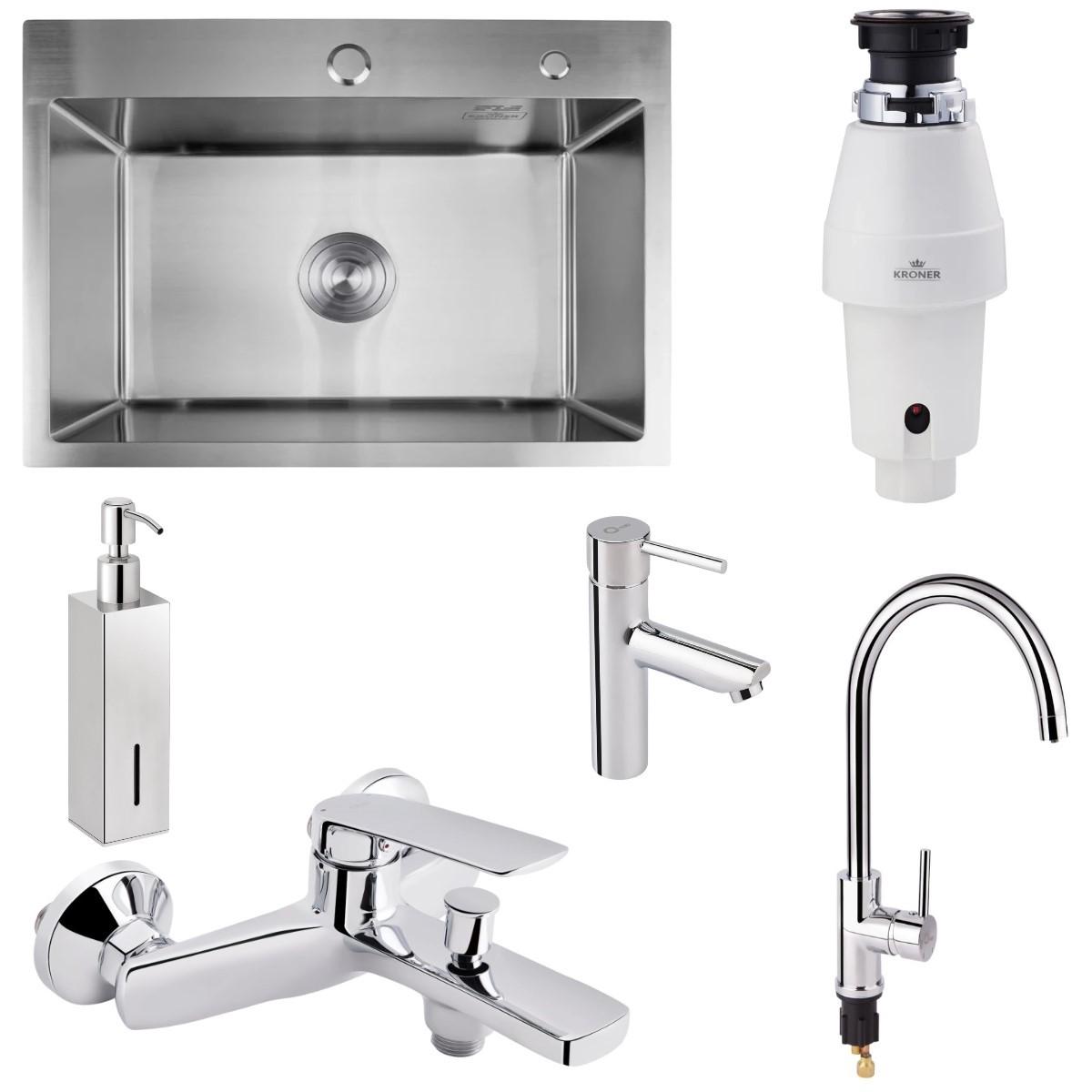 Мийка Kroner 5843 змішувач із підключенням до фільтру/подрібнювач KRP Kaiman WHI-375W/змішувач у ванну/змішувач для умивальника та дозатор