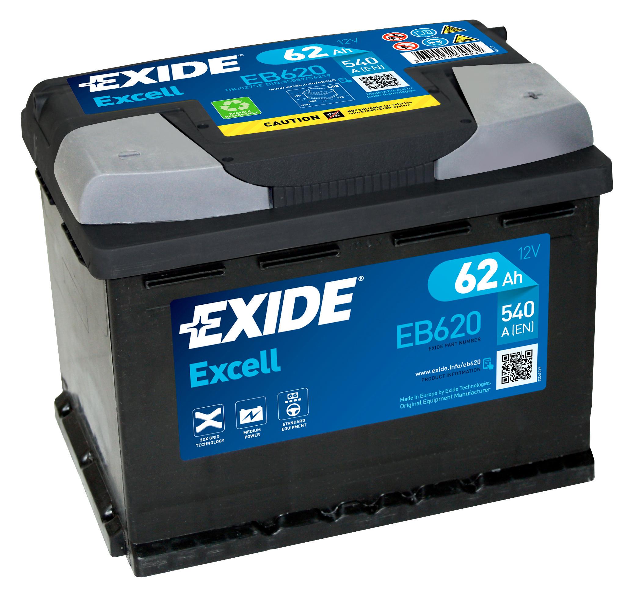 Аккумулятор автомобильный EXIDE Excell EB620 EN 6СТ-62 Ah АзЕ 540 A (5109)