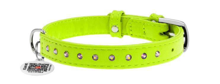 Ошейник для собак кожаный WAUDOG Glamour с QR паспортом с клеевыми стразами Ш 15 мм Д 27-36 см Салатовый (Collar32775)