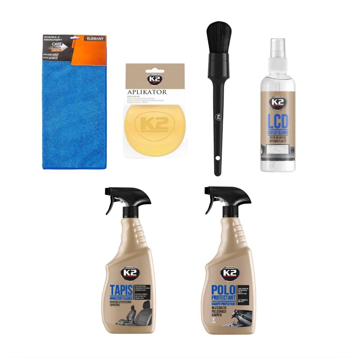 Набор автокосметики K2 для ухода за салоном Tapis/Polo Protectant/LCD Cleaner/кисть/аппликатор/микрофибра 6 пр. (AJ1983)