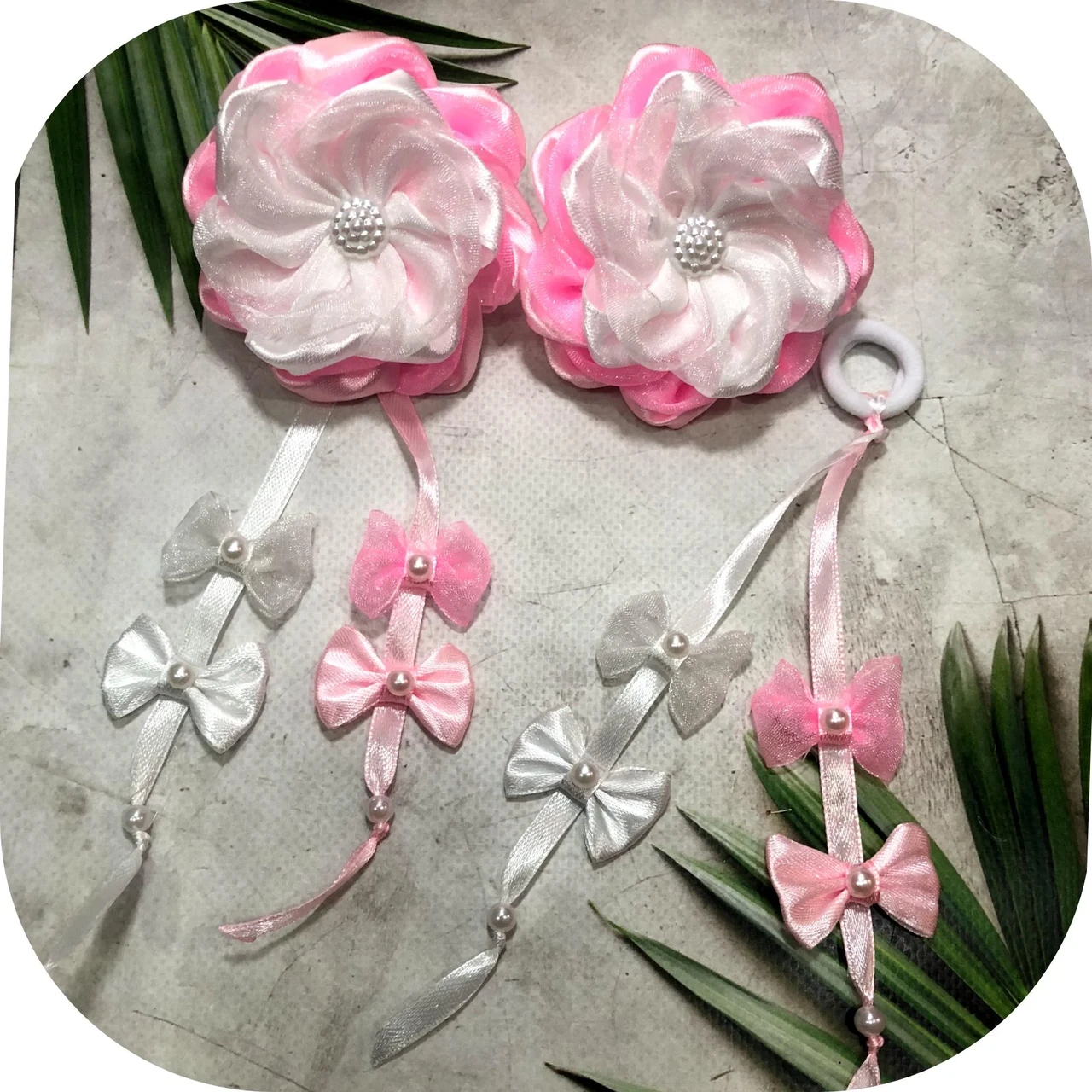 Бантики для волос на резинке 8х14 см 2 шт. Розовый с белым (70088)