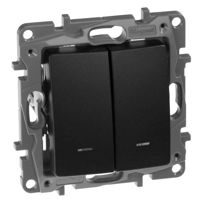 Выключатель Legrand Etika 2-х клавишный/скрытый монтаж с подсветкой Черный (672604)