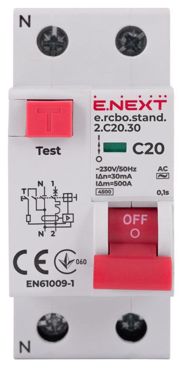 Дифференциальный выключатель E.NEXT e.rcbo.stand.2.C20.30 1P+N 20А 30мА С тип АС (s034104) - фото 2