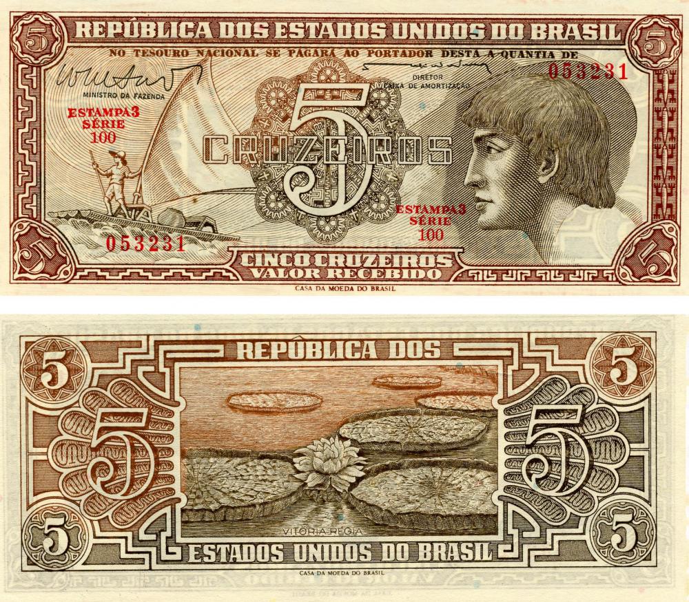 Коллекционная банкнота Бразилия 5 крузейро 1961-1962 UNC P166 (Б13164)