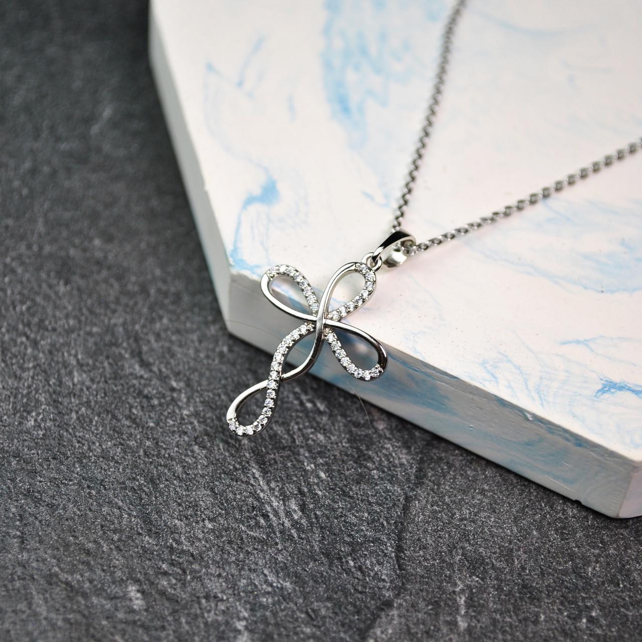 Кулон крестик с фианитами на цепочке медицинская сталь родий (x218-1)