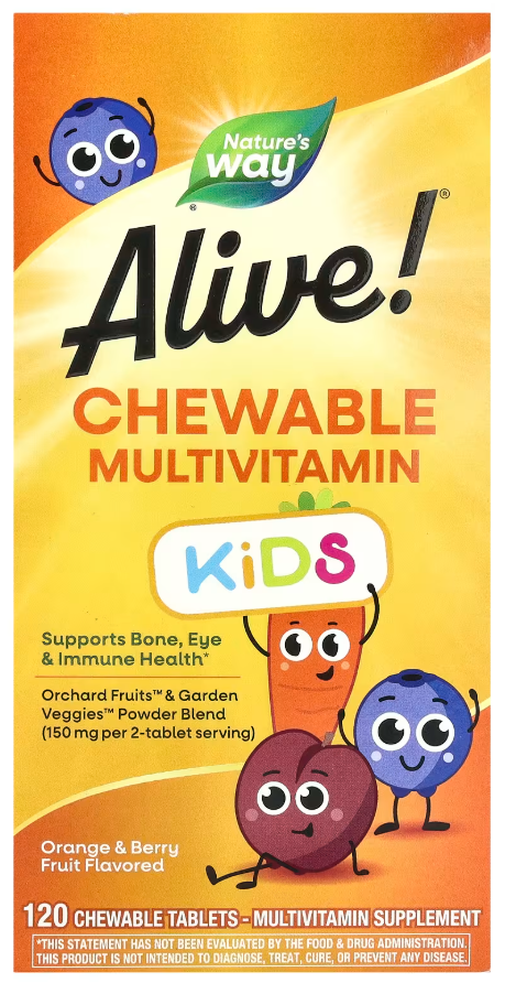 Комплекс витаминов и минералов для детей от 2 лет Natures Way Alive! Kids Chewable Multivitamin 120 жевательных таблеток со вкусом апельсин и ягод